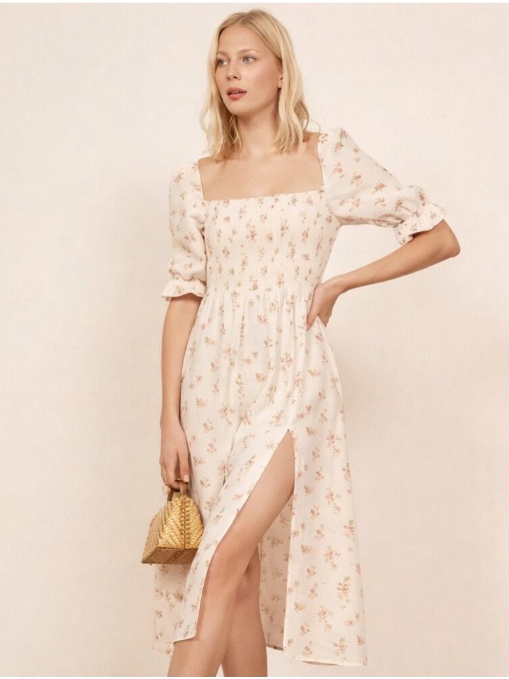 Reformation Marabella Midi Dress Cream Floral Square-Neck Linen European Summer‎